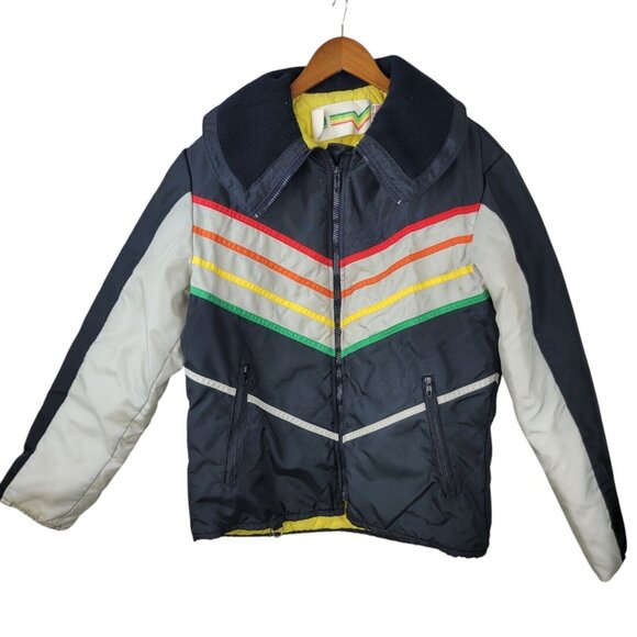 Vintage 70s John Deere Snowmobile Jacket Coat Mens Small Medium Stripe Black 80s - Picture 1 of 6